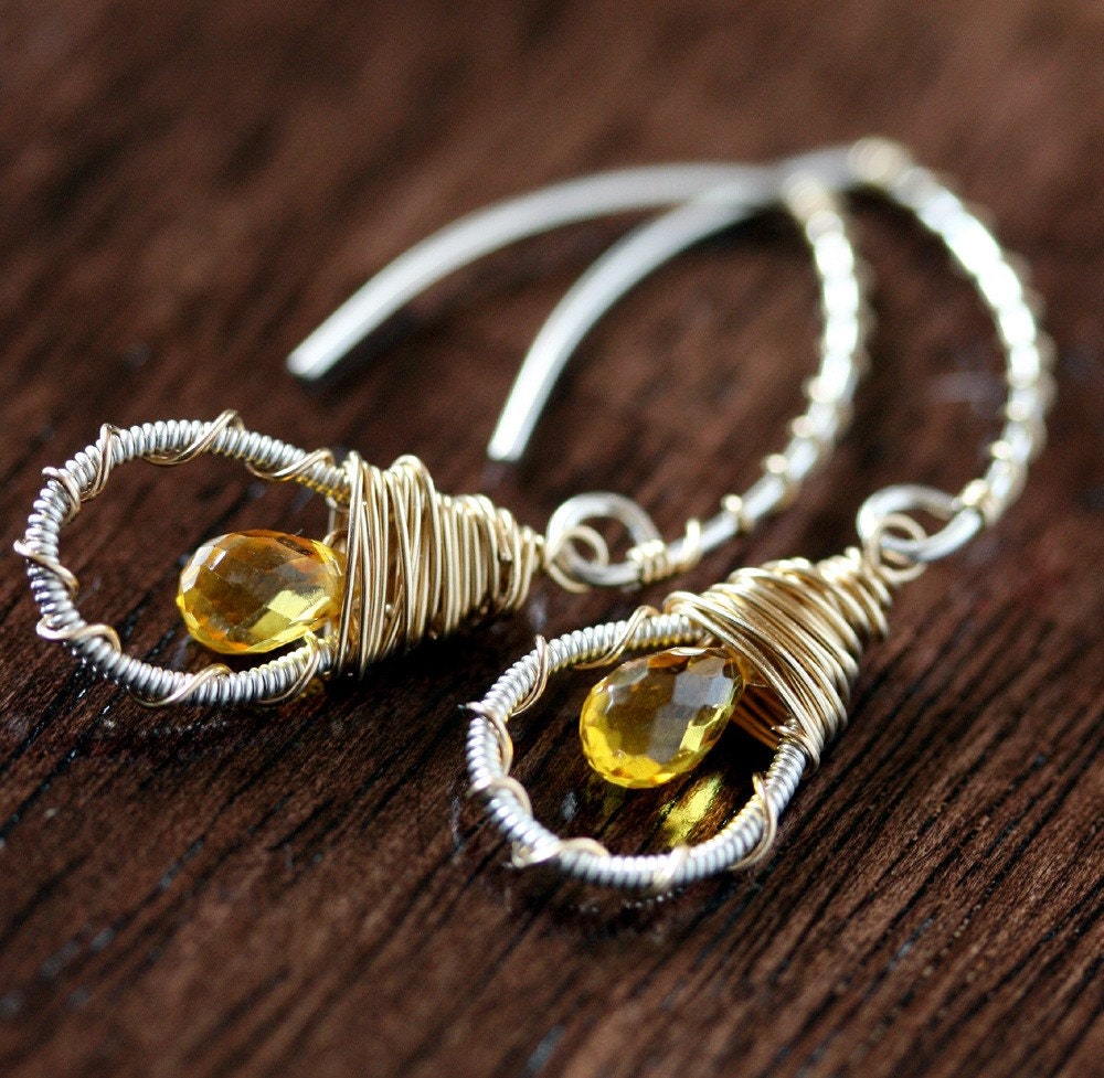 Small Hoop Earrings - Silver and Gold - Wire Wrapped - Yellow Stone