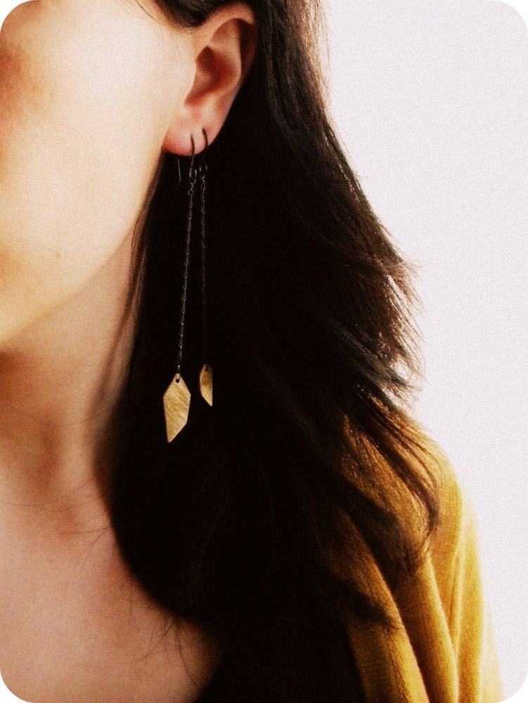 Brass and Chain Asymmetrical Earrings - Urban and Scratched - black sterling silver, brass dangle earrings,