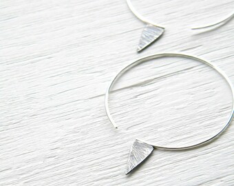Sterling Silver  Geometric Spike Hoops - handmade sterling silver hoop oxidized and scratched, big hoop earrings,