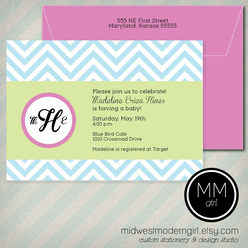 Monogram Chevron Invitation - Baby Shower, Wedding, Save the Date, Bachelorette Party, Graduation