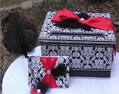 DAMASK Meets Glitz   Wedding Card Money Box  Feathers  Apple Red  CUSTOMIZE  Black Plume Pen