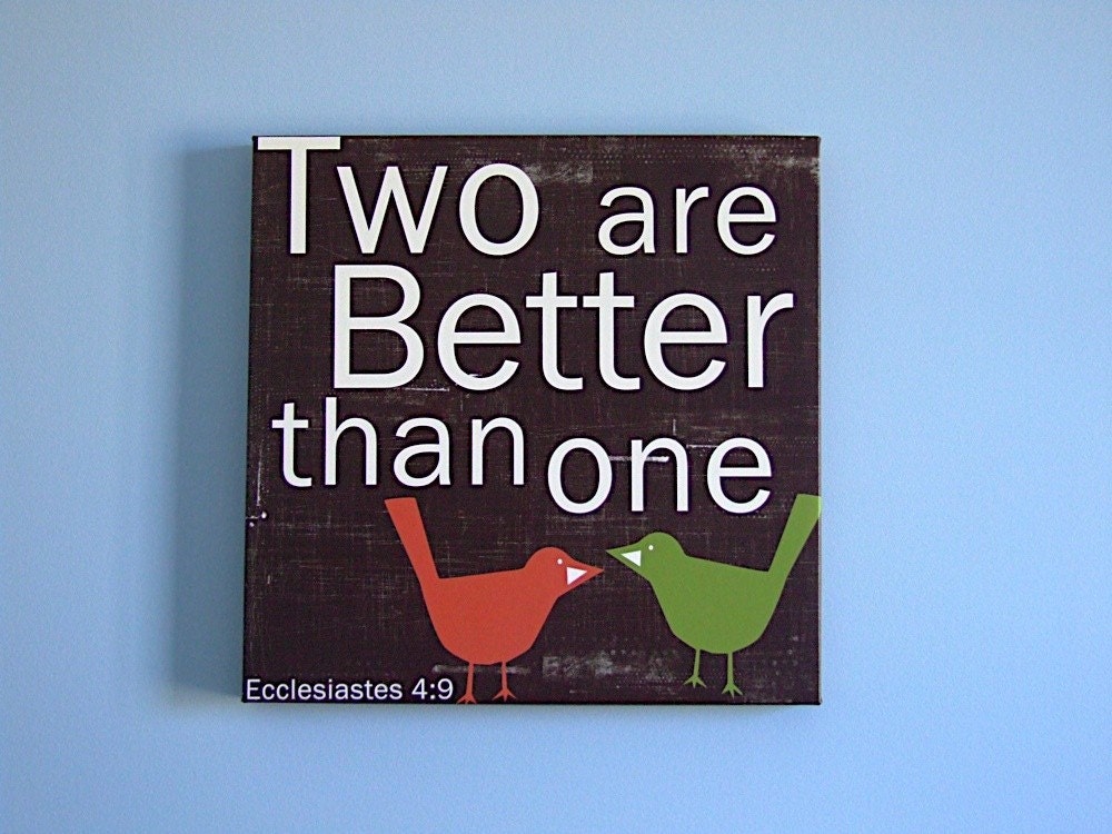 Two are Better than One - in Brown with Orange and Green Birds 20x20 GALLERY WRAP CANVAS