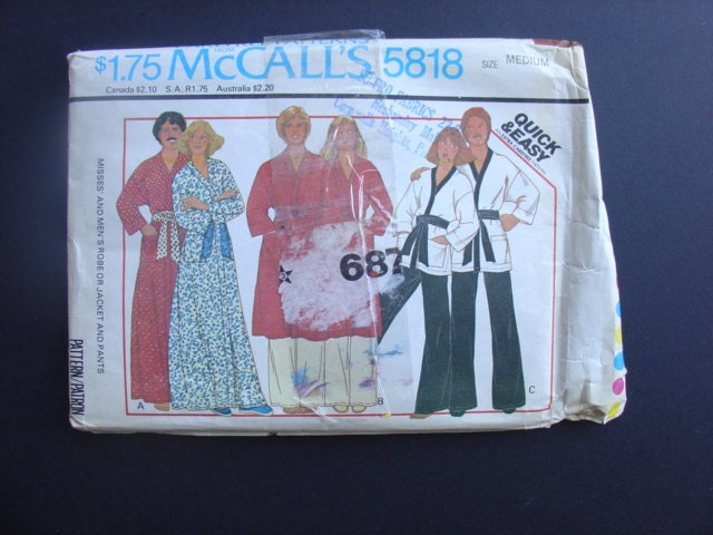 McCalls 5818, 1977, Misses and Men's Robe, Jacket and Pants, Medium, uncut