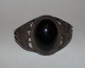 Navajo Native American Sterling Silver and Black Onyx Cabochon Cuff Bracelet