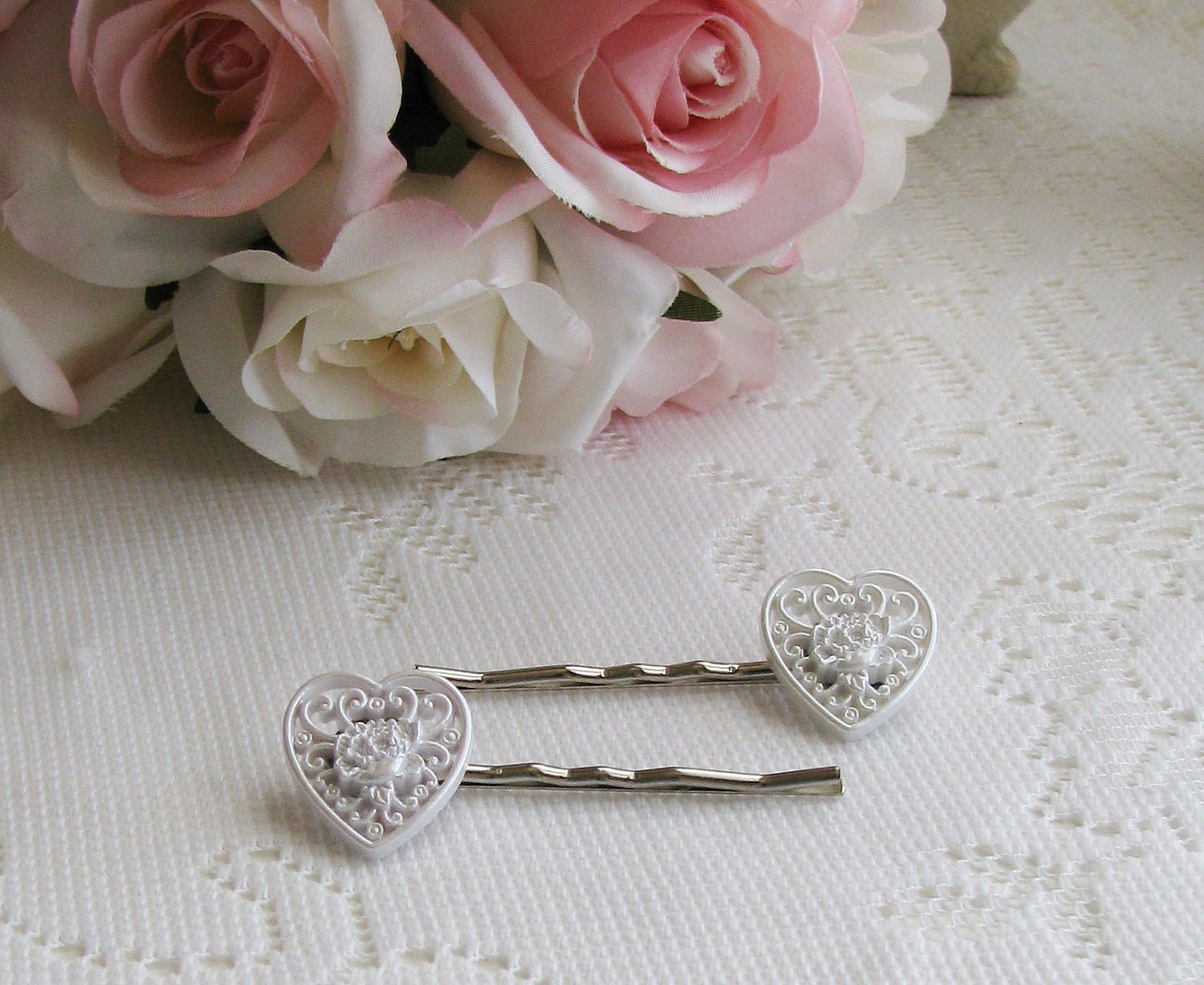 White Heart Hair Pins
