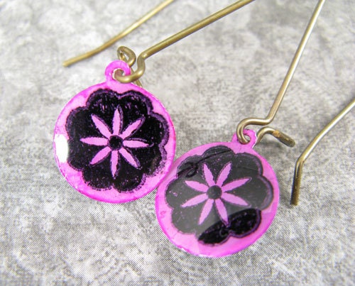 Hand Painted Pink Flower Earrings on long brass ear wires