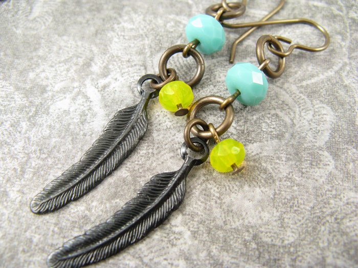 Feather arte metal earrings wtih turquoise and bright yellow accents