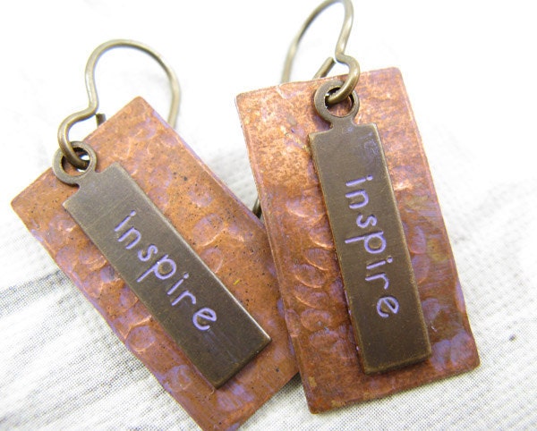 INSPIRE word on Copper Earrings, Stamped Earrings, Copper and Brass Earrings