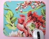 Mouse Pad, Computer Mouse Pad, Fabric Mousepad       Bliss Bouquet in Teal