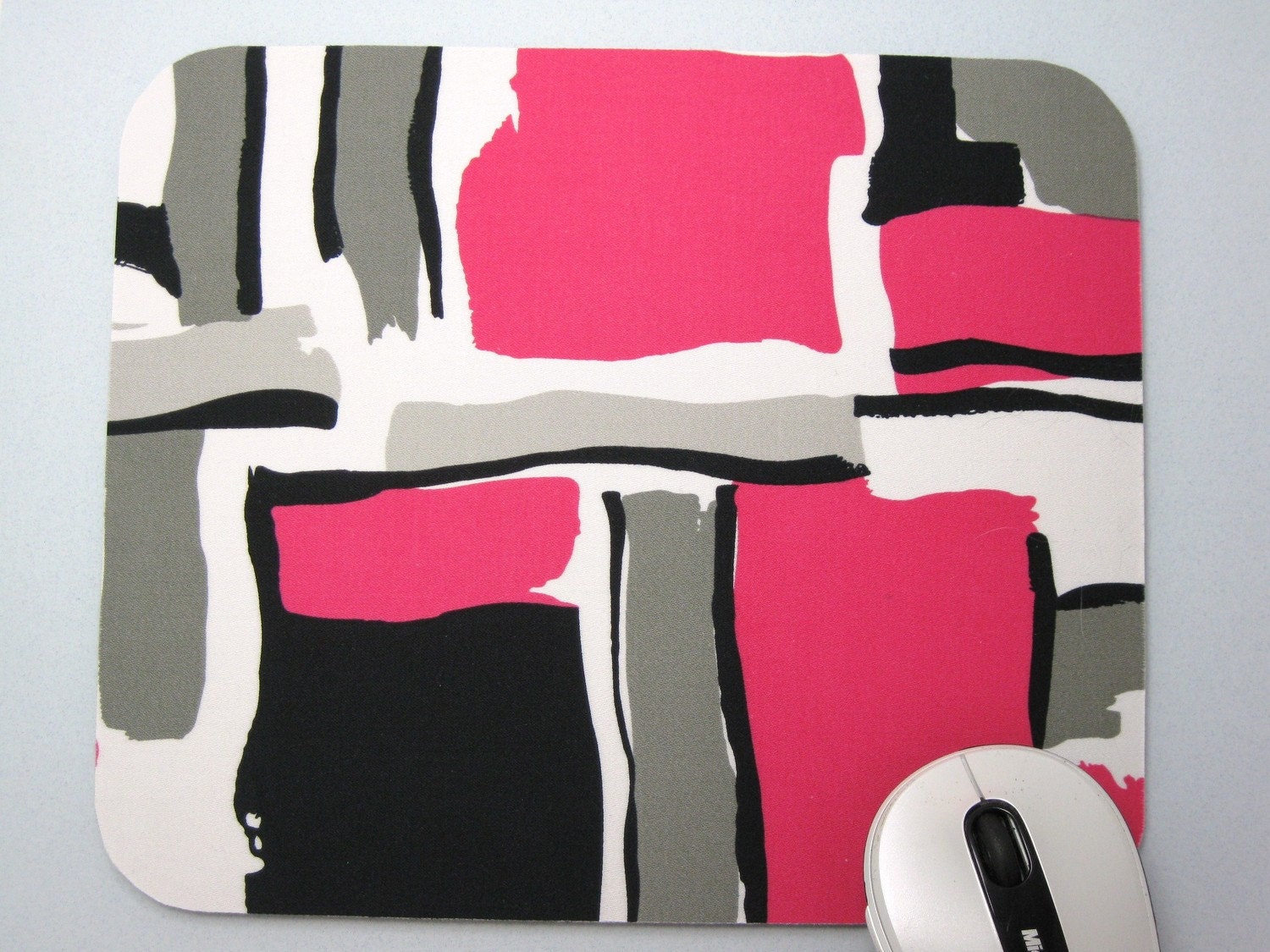 Mouse Pad, Computer Mouse Pad, Fabric Mousepad       Contemporary Pink & Black Geometrics