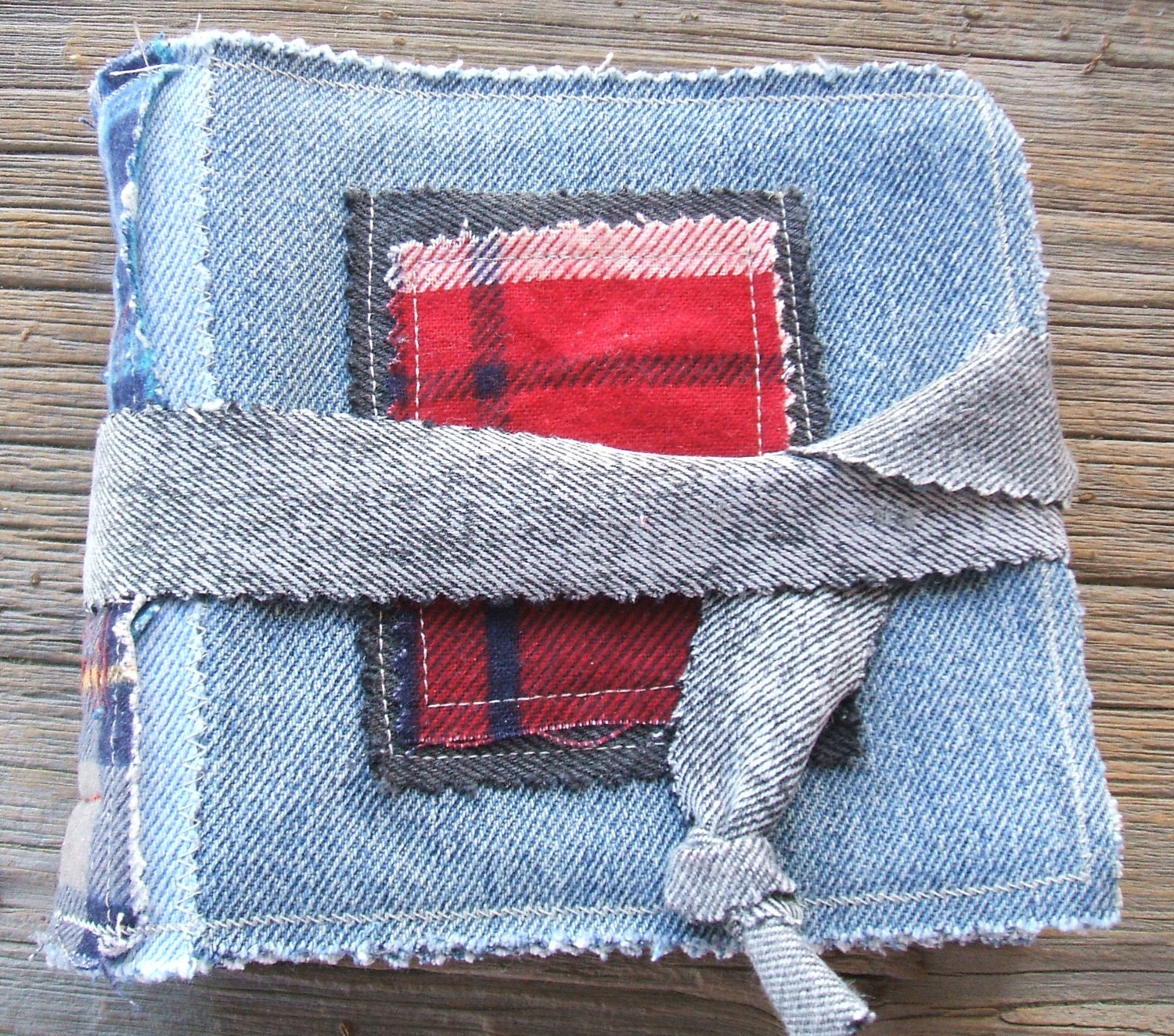 Medium Long Stitch Handmade Blank Journal Recycled Denim and Flannel Notebook
