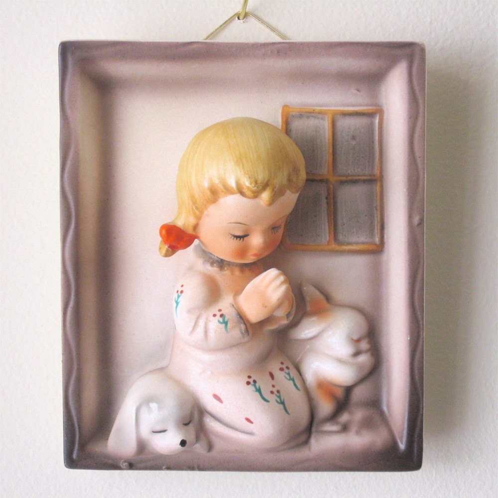 Sweetest Vintage Plaque Ever of Praying Girl and Bunny