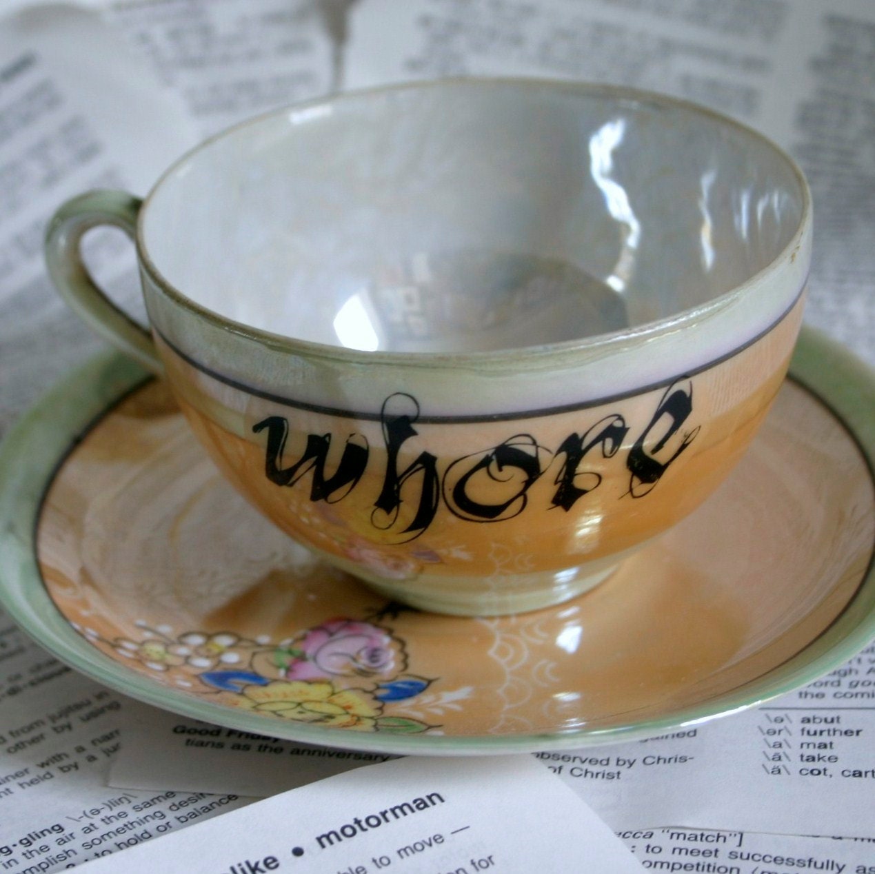 lustreware Whore Altered Vintage orange and sage teacup and saucer