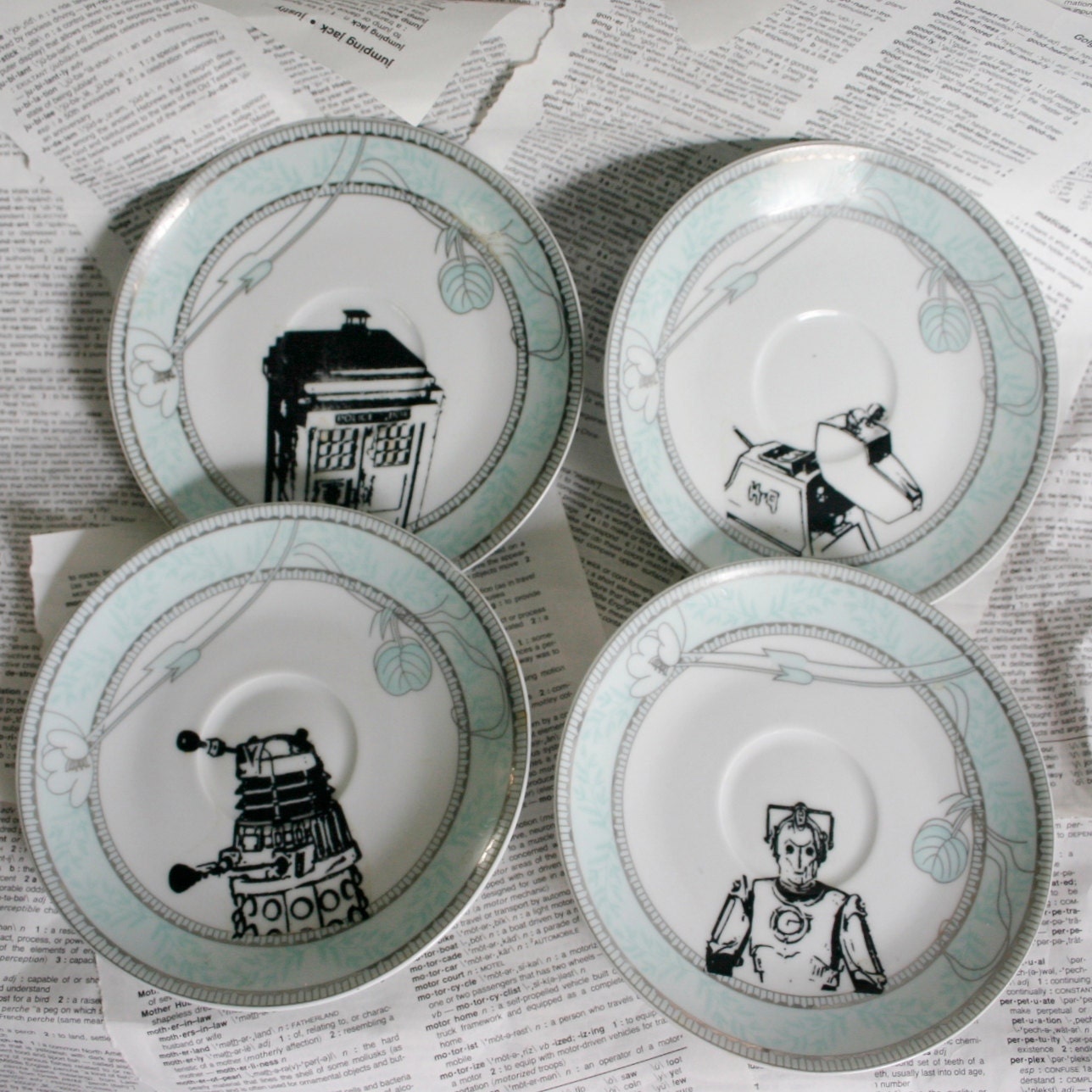 Teal Art Deco Dr Who Themed Altered Vintage Plates Set of Four