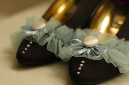 Pale Blue on Black Ruffle Pumps