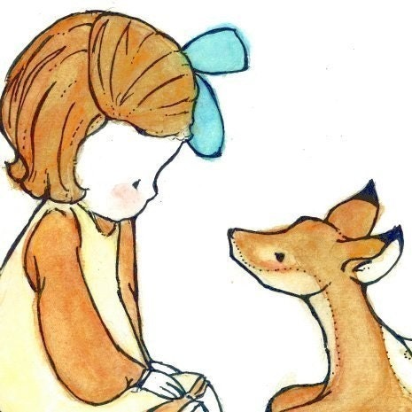 childrens art and wall decor---DEER GIRL ---8x10 Archival Art Print