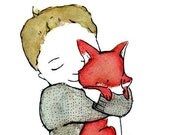 Children's Art -- Print Fox Boy brown hair 5x7 -- Art Print