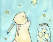 Nursery Art Print for Baby and Children  whimsy and stars theme Trafalgar Rabbit Catch  5x7