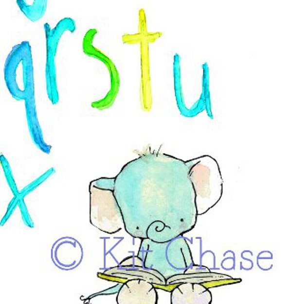 Nursery Art -- Baby Elephant Alphabet in Ocean Blues 8x10 -- Art Print