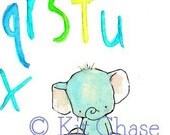 Nursery Art Print of my Original Baby Elephant Alphabet in Ocean Blues  5x7