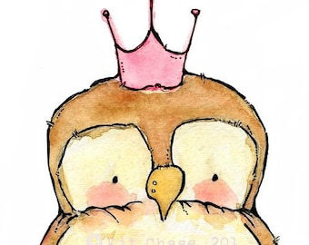 baby owl wall art--- Royal Little Owl pink crown -- 5x7 Archival Art Print