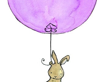 Bunny Balloon lavender 11x14 Nursery Art Print for Baby and Children