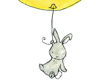 Bunny Balloon  lemon yellow and grey 8x10 Nursery Print