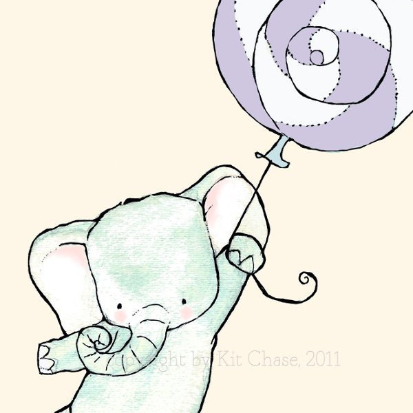 Come Fly With Us lavender balloon 8X10 Nursery Art Print elephant and bunny