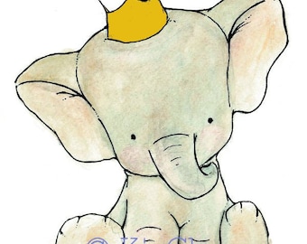 Nursery Art -- Royal Elephant with a mustard crown 8x10  -- Art Print
