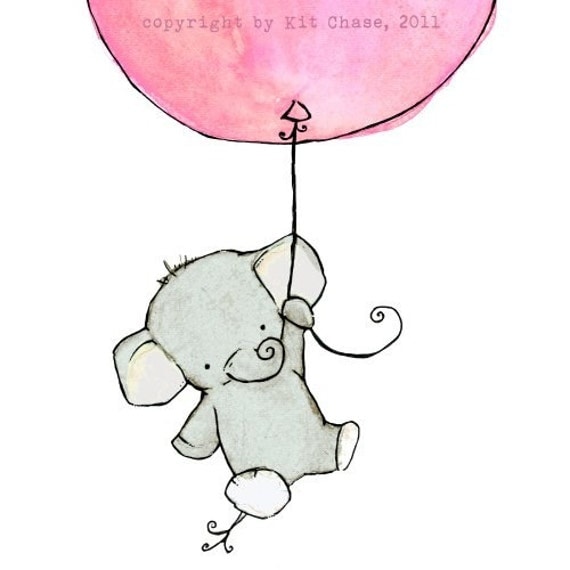 Nursery Art -- Flying High Girlie Pink Balloon 5x7 -- Art Print