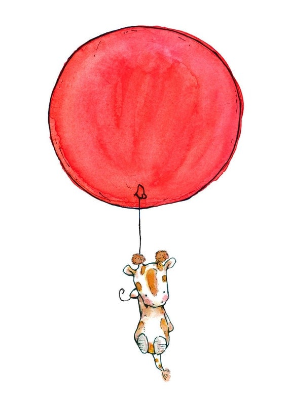 Children's Art Print Soaring a baby giraffe and a red balloon 5x7