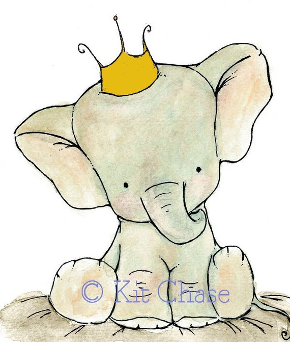 Nursery Art -- Royal Elephant with a mustard crown 8x10 -- Art Print
