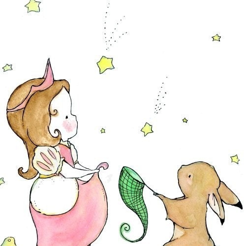 Children's Art Print Catch A Star Little Princess Brunette 5X7