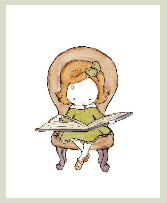 FALL SALE --- Little Scholar brunette girl in a brown study  -- 8X10 Archival Print -- Children's Art