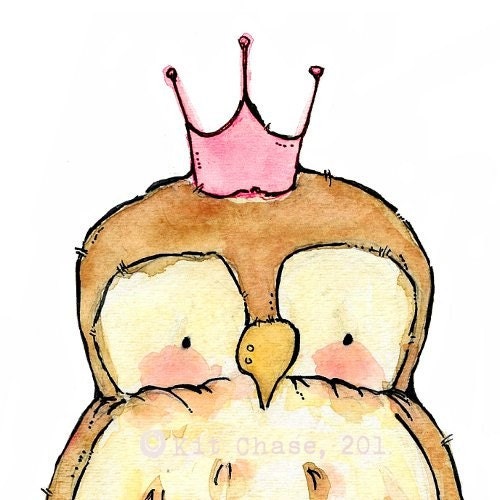 baby owl wall art--- Royal Little Owl pink crown -- 5x7 Archival Art Print