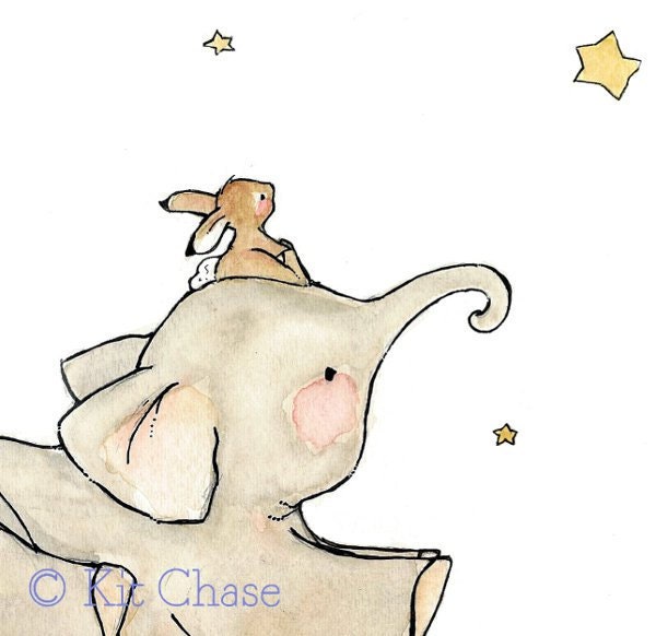 Wish Upon A Star elephant and rabbit--8X10 Art Print for baby
