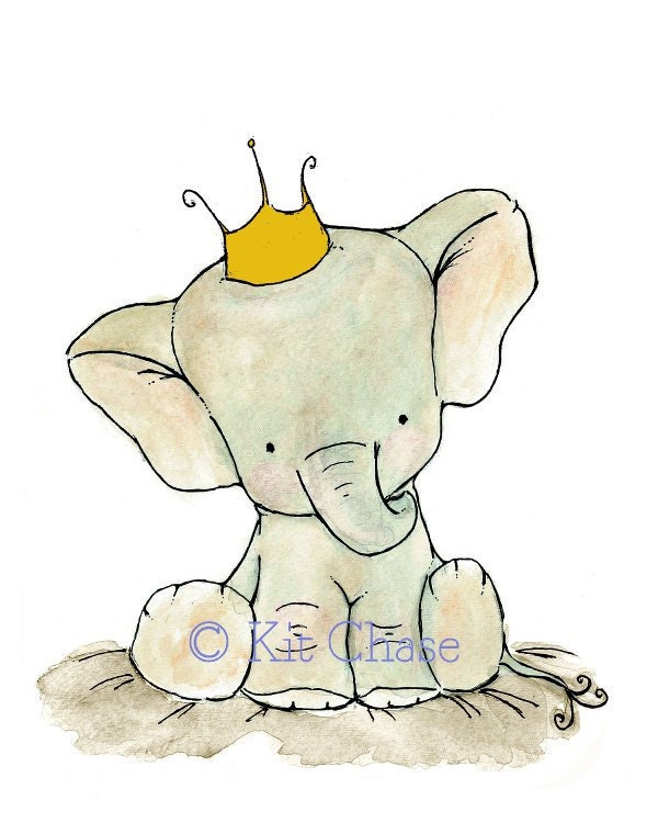 Nursery Art -- Royal Elephant with a mustard crown 8x10 -- Art Print