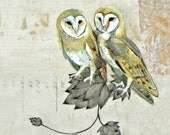 OWL ART- Abstract natural colors- mixed media owl painting - tt team - gray gold yellow grey - Art Print