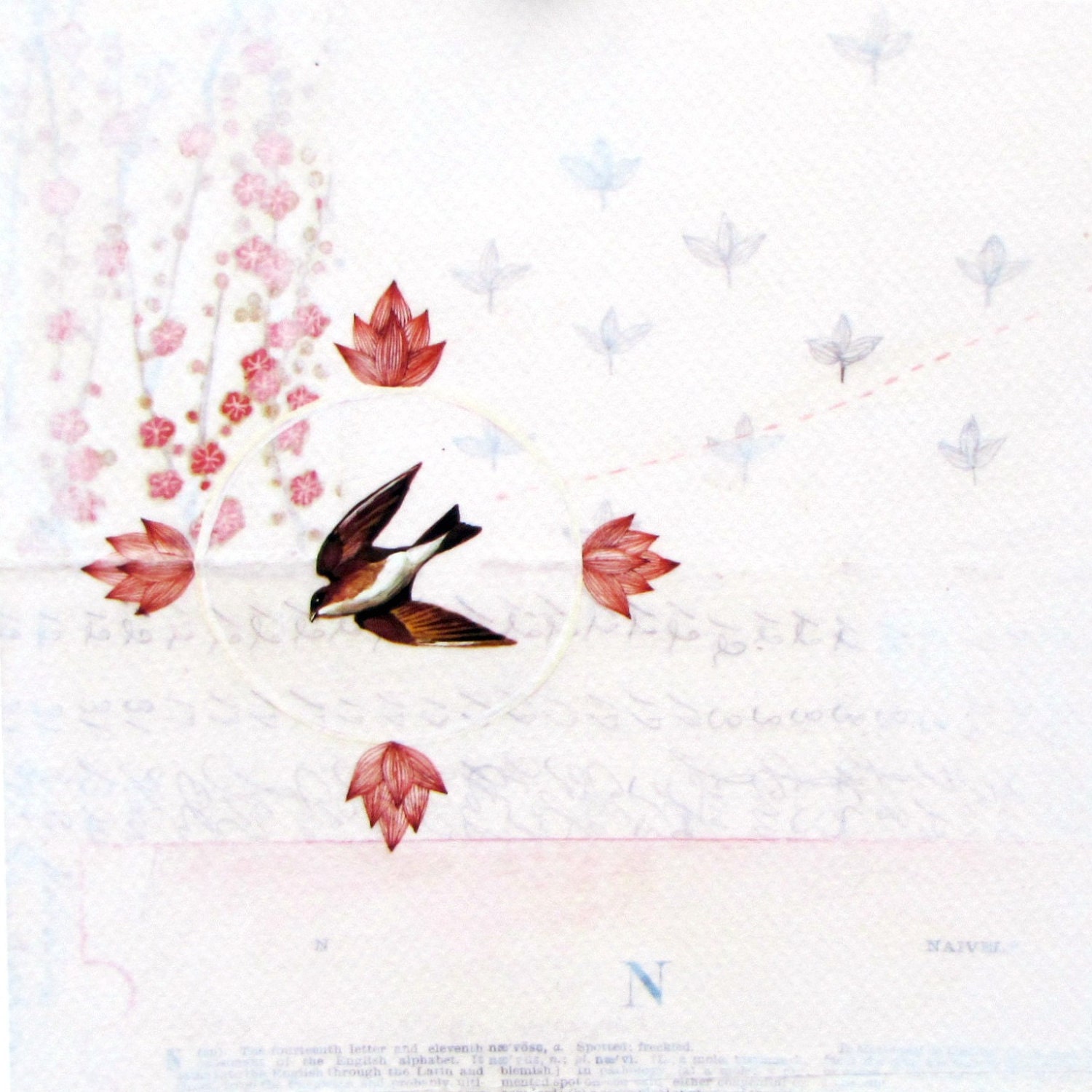 SPRING BLOSSOM ART - White and pink swallow bird home decor tt team peach spring blossom print - mixed media soft spring art
