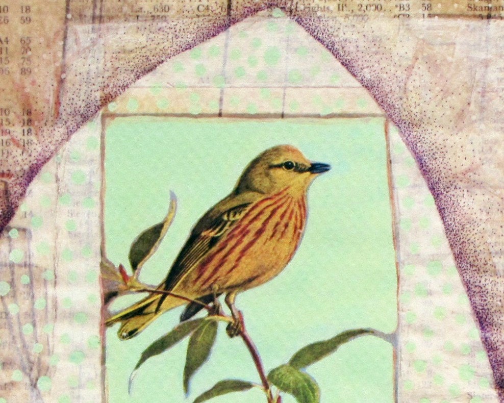 SPRING HOME DECOR - warbler aqua blue mixed media Bird Art