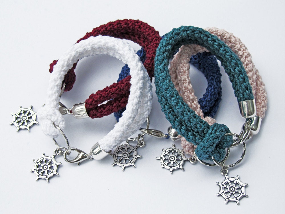 Nautical bracelet, crochet and silver rudder - made to order
