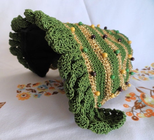 SALE Antique Crocheted Hat, Bonnet, Shaped, Green and Gold with Beads - IndulgeYourShelf