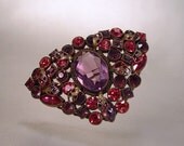 Art Deco Brooch Czech Gold Gilt  Brass Purple Pink Glass Rhinestone Vintage 1920s Jewelry