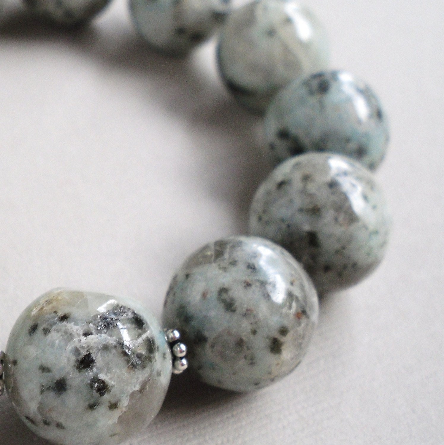 Gray Sesame Jasper Beaded Stretch Bracelet . Blue Chunky Gemstone . Black Natural . Round Sterling Silver - Tara Handmade Stretch Bracelet