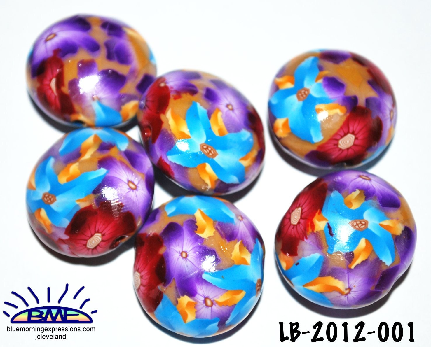 Beads Polymer Clay Lentil Flower Floral Purple Red Orange Blue 20mm