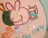 Hand Embroidered Deliciously Crafty on Pink in 7 inch Hoop