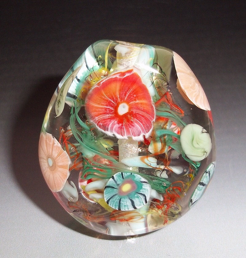 SUMMER TIME GARDEN Handmade Lampwork Glass Art Focal Bead - Red Flowers Peach Coral Floral sra