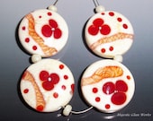 Handmade Lampwork Set of Glass Art Lentil Beads Cherry Red Floral Ivory Cream sra
