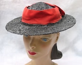 1930's Vintage Wide Brim Hat with Big Red Bows Large 23