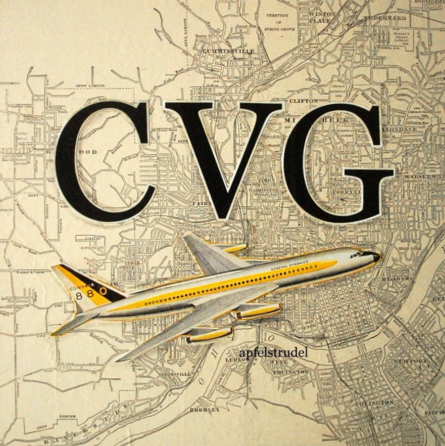 ARTWORK. Up in the Air Series. CVG. Cincinnati Internationial Airport, Ohio. Wooden Block MapArt using a 1904 Map